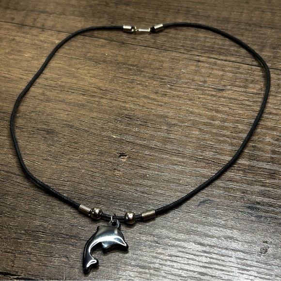 Hematite Stone Dolphin Pendant On Leather Necklace - Picture 1 of 3
